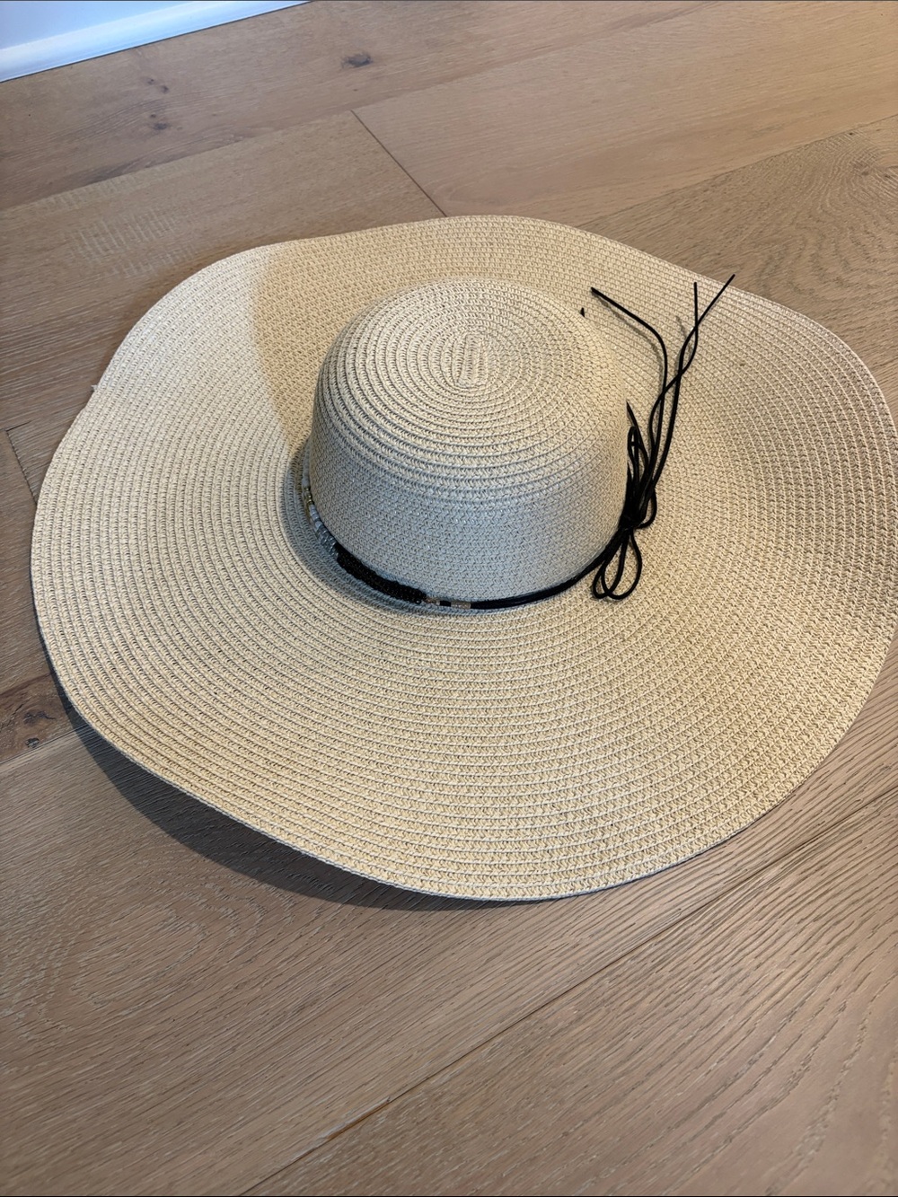 Anthropologie Cream Straw Sun Hat with Black Tie